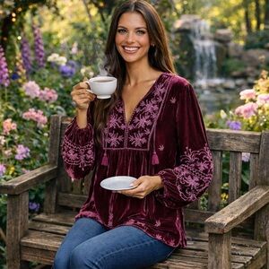 JOHNNY WAS heavily embroidered PALMIRA CURVED
HEM PRAIRIE BLOUSE NWT